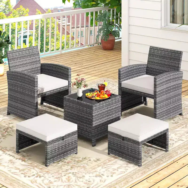 Costway Salon de jardin 5 pièces en résine tressée avec 2 poufs Noir/Gris/Bleu marine/Rouge/Turquoise/Blanc