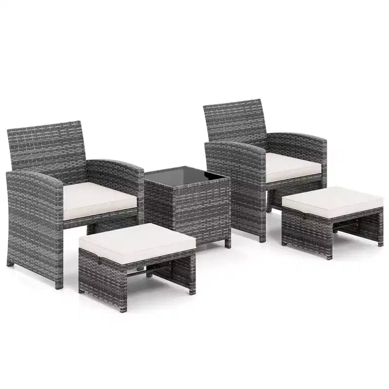 Costway Salon de jardin 5 pièces en résine tressée avec 2 poufs Noir/Gris/Bleu marine/Rouge/Turquoise/Blanc