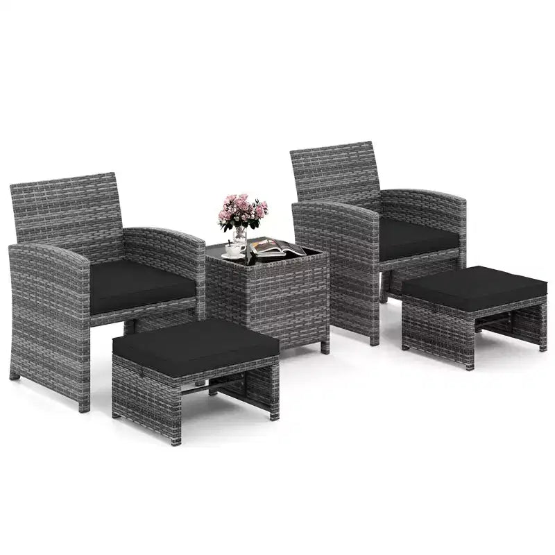 Costway Salon de jardin 5 pièces en résine tressée avec 2 poufs Noir/Gris/Bleu marine/Rouge/Turquoise/Blanc