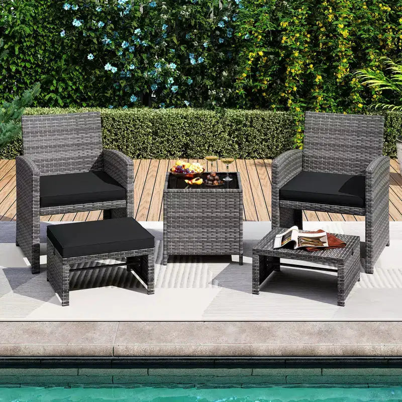 Costway Salon de jardin 5 pièces en résine tressée avec 2 poufs Noir/Gris/Bleu marine/Rouge/Turquoise/Blanc