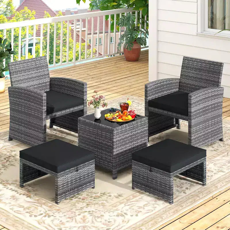 Costway Salon de jardin 5 pièces en résine tressée avec 2 poufs Noir/Gris/Bleu marine/Rouge/Turquoise/Blanc