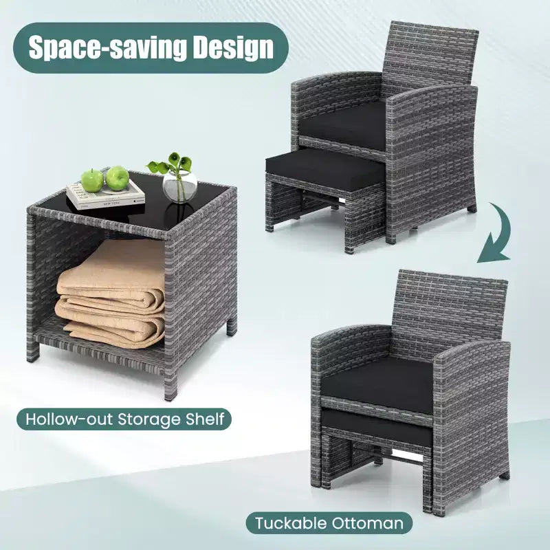 Costway Salon de jardin 5 pièces en résine tressée avec 2 poufs Noir/Gris/Bleu marine/Rouge/Turquoise/Blanc