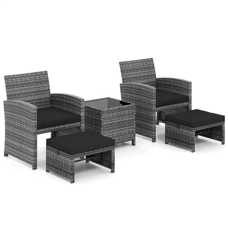 Costway Salon de jardin 5 pièces en résine tressée avec 2 poufs Noir/Gris/Bleu marine/Rouge/Turquoise/Blanc