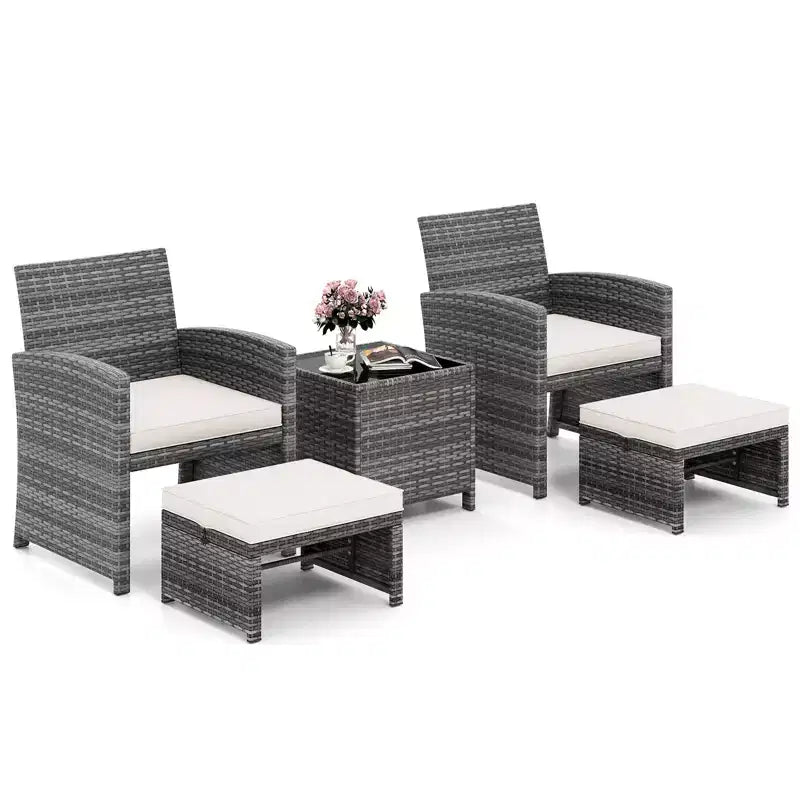 Costway Salon de jardin 5 pièces en résine tressée avec 2 poufs Noir/Gris/Bleu marine/Rouge/Turquoise/Blanc
