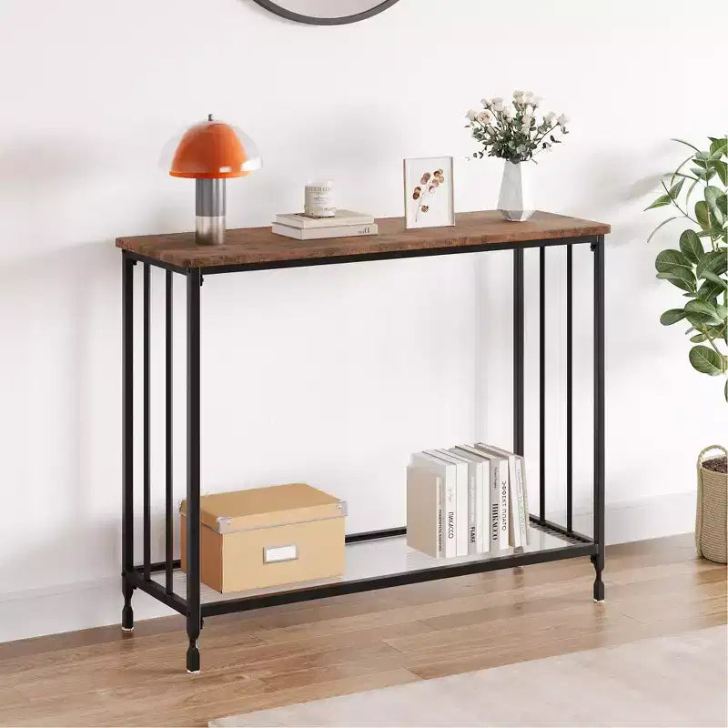 Metal Wood 2-Tier Console Table with Glass Shelf 31.4''