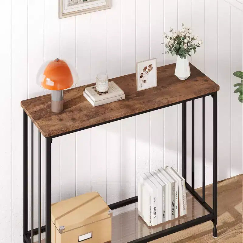 Metal Wood 2-Tier Console Table with Glass Shelf 31.4''