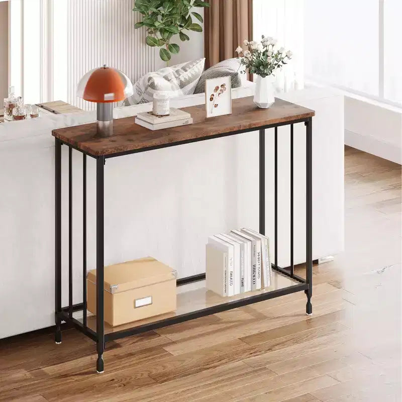 Metal Wood 2-Tier Console Table with Glass Shelf 31.4''