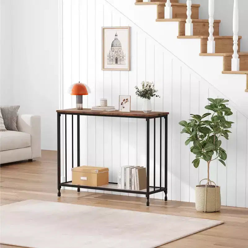 Metal Wood 2-Tier Console Table with Glass Shelf 31.4''