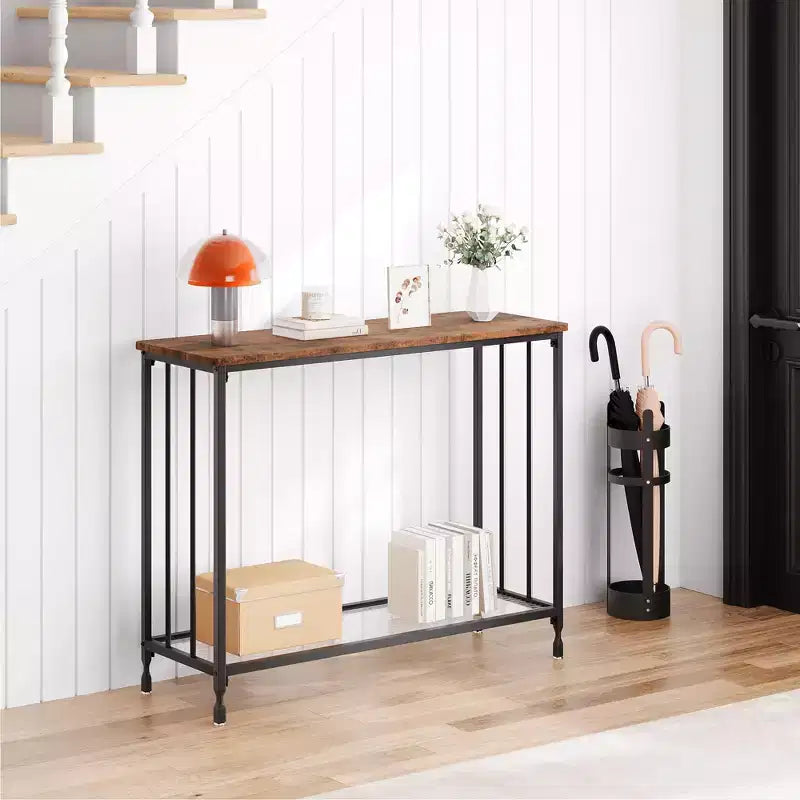 Metal Wood 2-Tier Console Table with Glass Shelf 31.4''