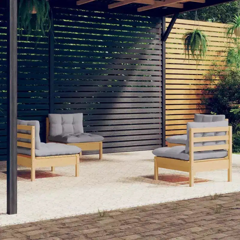 vidaXL Salon de jardin 4 pièces en pin massif avec coussins - Marron et gris