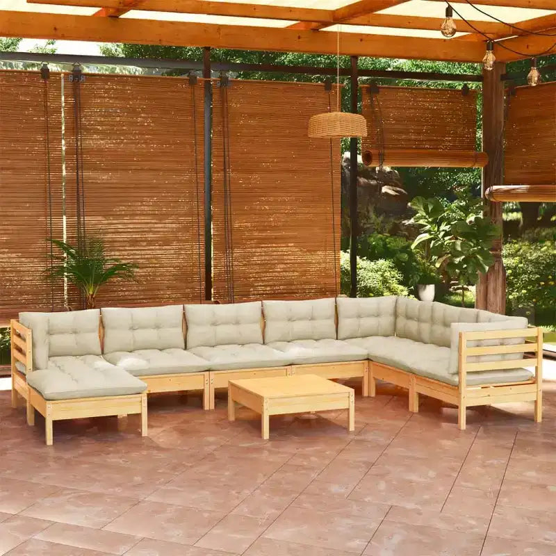 vidaXL Salon de jardin 9 pièces en pin massif avec coussins crème – Configuration modulable pour jardin, terrasse et espaces extérieurs
