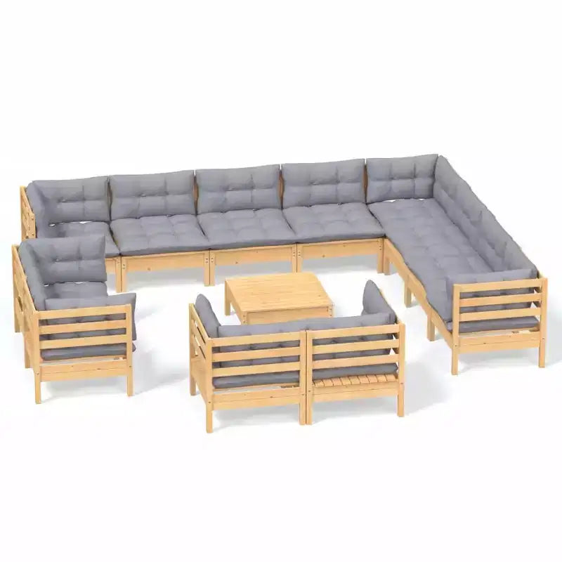 vidaXL Solid Pinewood Patio Lounge Set 13 Piece with Cushions - Brown and Gray