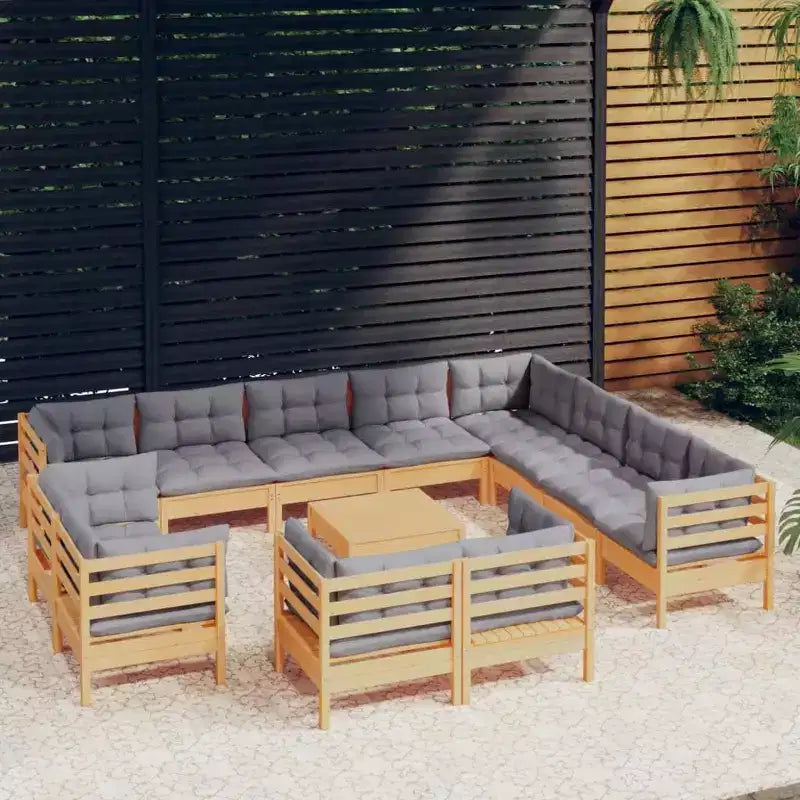 vidaXL Salon de jardin 13 pièces en pin massif avec coussins - Marron et gris