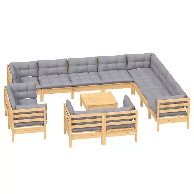 vidaXL Salon de jardin 13 pièces en pin massif avec coussins - Marron et gris