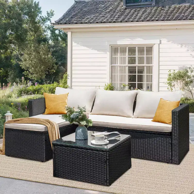 Celebalcony Ensemble de meubles de jardin 3 pièces, canapé d'angle d'extérieur en osier avec table basse, coussins antidérapants et toutes saisons pour jardin, arrière-cour