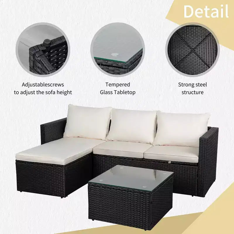 Celebalcony Ensemble de meubles de jardin 3 pièces, canapé d'angle d'extérieur en osier avec table basse, coussins antidérapants et toutes saisons pour jardin, arrière-cour