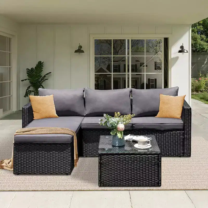 Celebalcony Ensemble de meubles de jardin 3 pièces, canapé d'angle d'extérieur en osier avec table basse, coussins antidérapants et toutes saisons pour jardin, arrière-cour