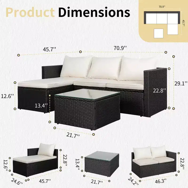 Celebalcony Ensemble de meubles de jardin 3 pièces, canapé d'angle d'extérieur en osier avec table basse, coussins antidérapants et toutes saisons pour jardin, arrière-cour