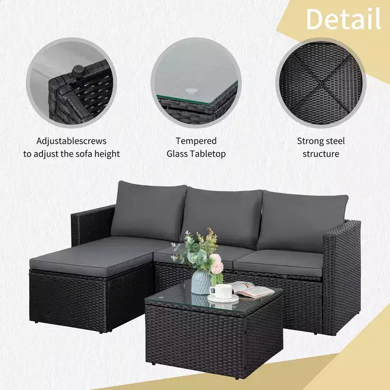 Celebalcony Ensemble de meubles de jardin 3 pièces, canapé d'angle d'extérieur en osier avec table basse, coussins antidérapants et toutes saisons pour jardin, arrière-cour