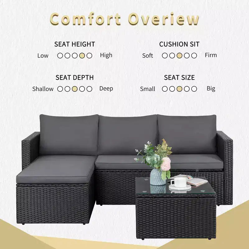 Celebalcony Ensemble de meubles de jardin 3 pièces, canapé d'angle d'extérieur en osier avec table basse, coussins antidérapants et toutes saisons pour jardin, arrière-cour