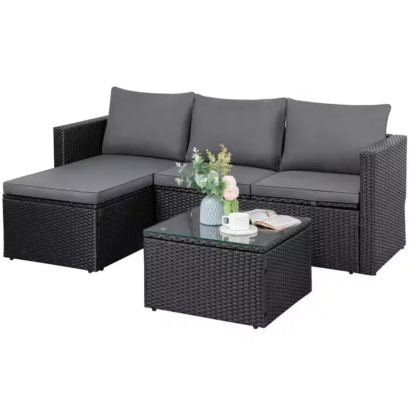 Celebalcony Ensemble de meubles de jardin 3 pièces, canapé d'angle d'extérieur en osier avec table basse, coussins antidérapants et toutes saisons pour jardin, arrière-cour