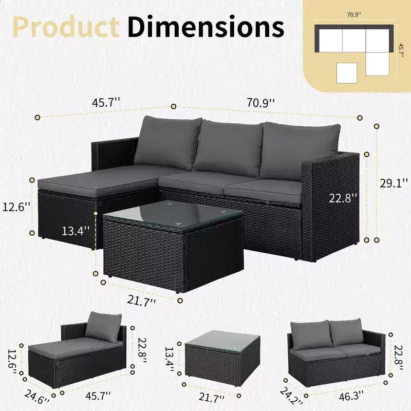 Celebalcony Ensemble de meubles de jardin 3 pièces, canapé d'angle d'extérieur en osier avec table basse, coussins antidérapants et toutes saisons pour jardin, arrière-cour