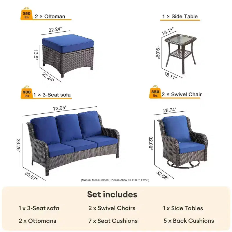 HOMLUX Ensemble de 6 meubles de patio extérieurs, canapé à dossier haut et fauteuils pivotants
