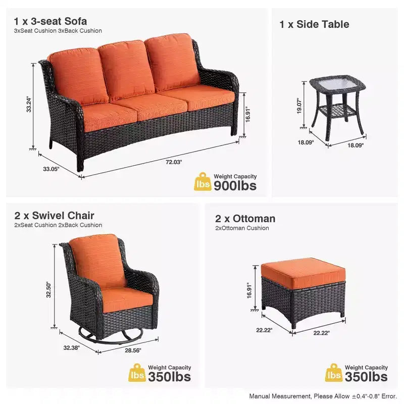 HOMLUX Ensemble de 6 meubles de patio extérieurs, canapé à dossier haut et fauteuils pivotants