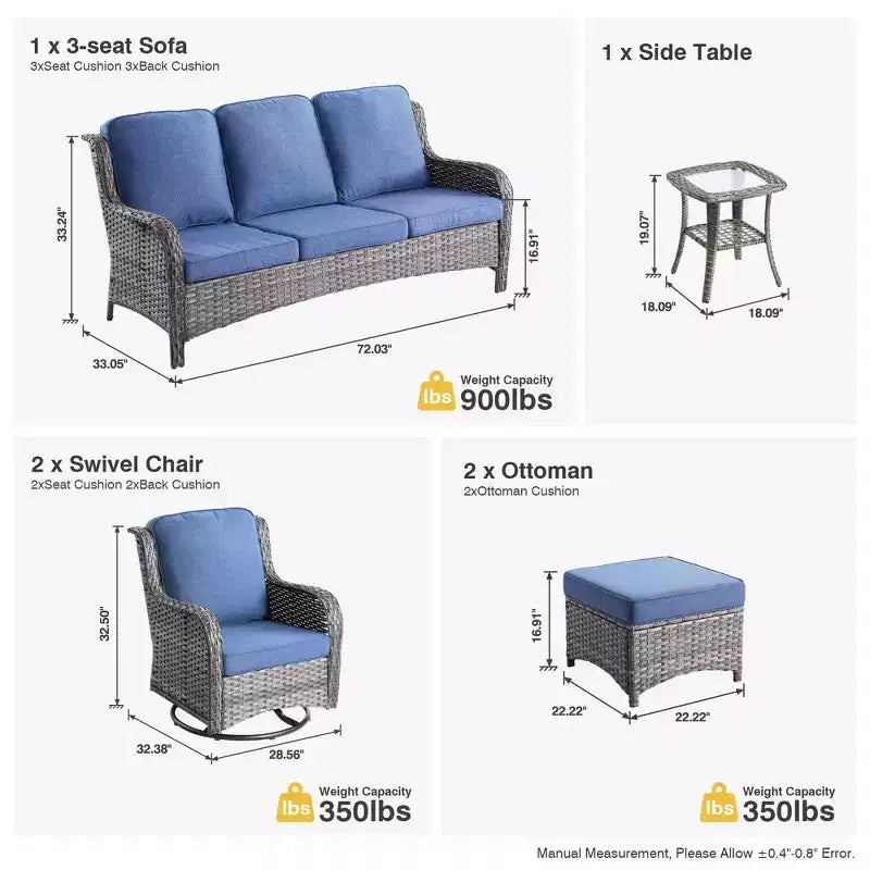 HOMLUX Ensemble de 6 meubles de patio extérieurs, canapé à dossier haut et fauteuils pivotants