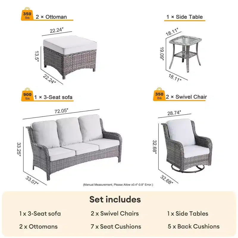 HOMLUX Ensemble de 6 meubles de patio extérieurs, canapé à dossier haut et fauteuils pivotants