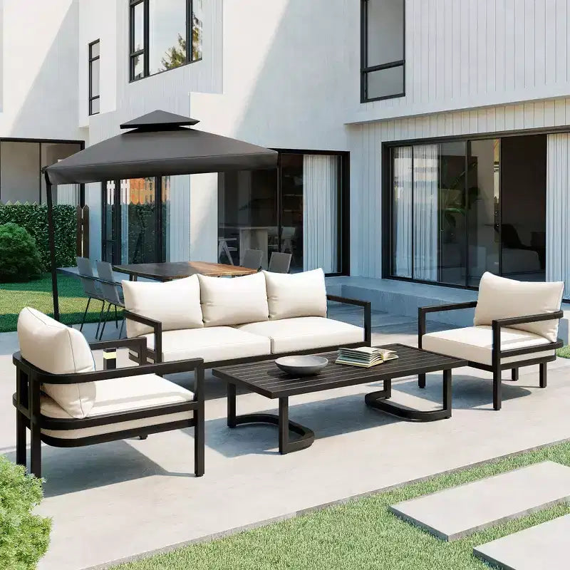 Whisen Patio Sofa Set with Coffee Table, Easy Clean, Quick Assembly & Rust-Resistant Steel - Beige
