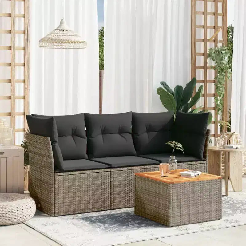 vidaXL Salon de jardin 4 pièces avec coussins en polyrotin beige - Beige et crème