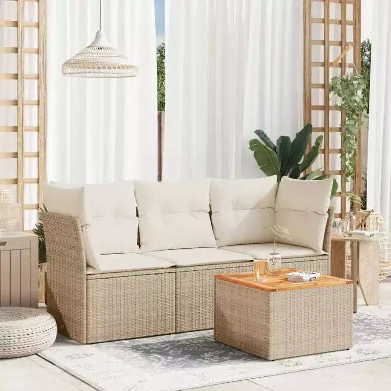 vidaXL Salon de jardin 4 pièces avec coussins en polyrotin beige - Beige et crème