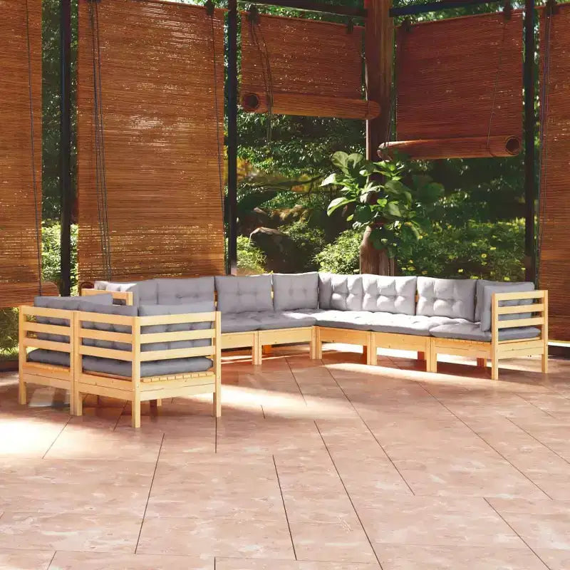vidaXL Salon de jardin 9 pièces en pin massif avec coussins de différentes couleurs - Marron et gris