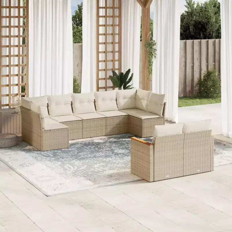 vidaXL Salon de jardin 9 pcs avec coussins résine tressée beige