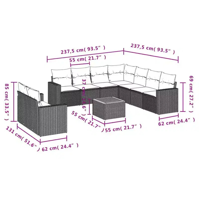 vidaXL Salon de jardin 10 pcs avec coussins résine tressée noir