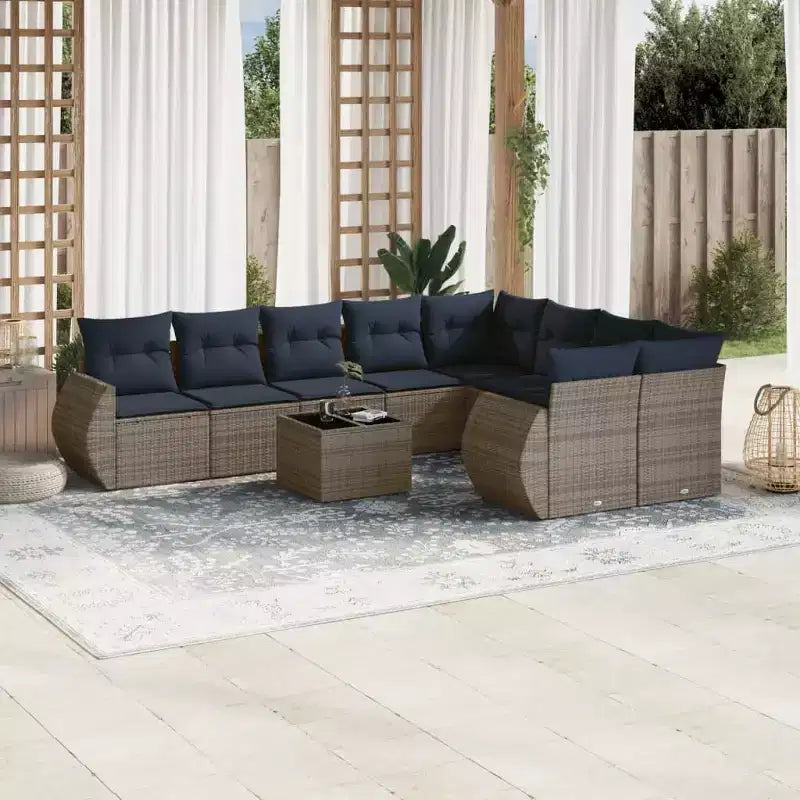 vidaXL Salon de jardin 10 pièces avec coussins - Gris et bleu avec table