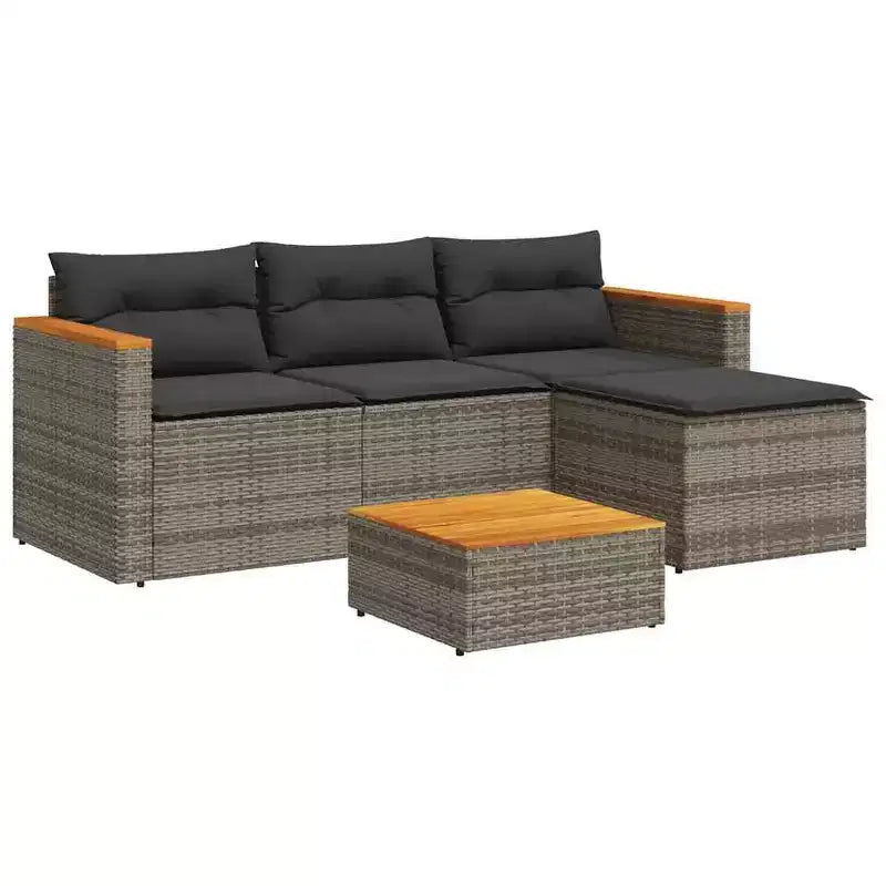vidaXL Ensemble de canapés de jardin avec coussins, 5 pièces, rotin synthétique, acacia