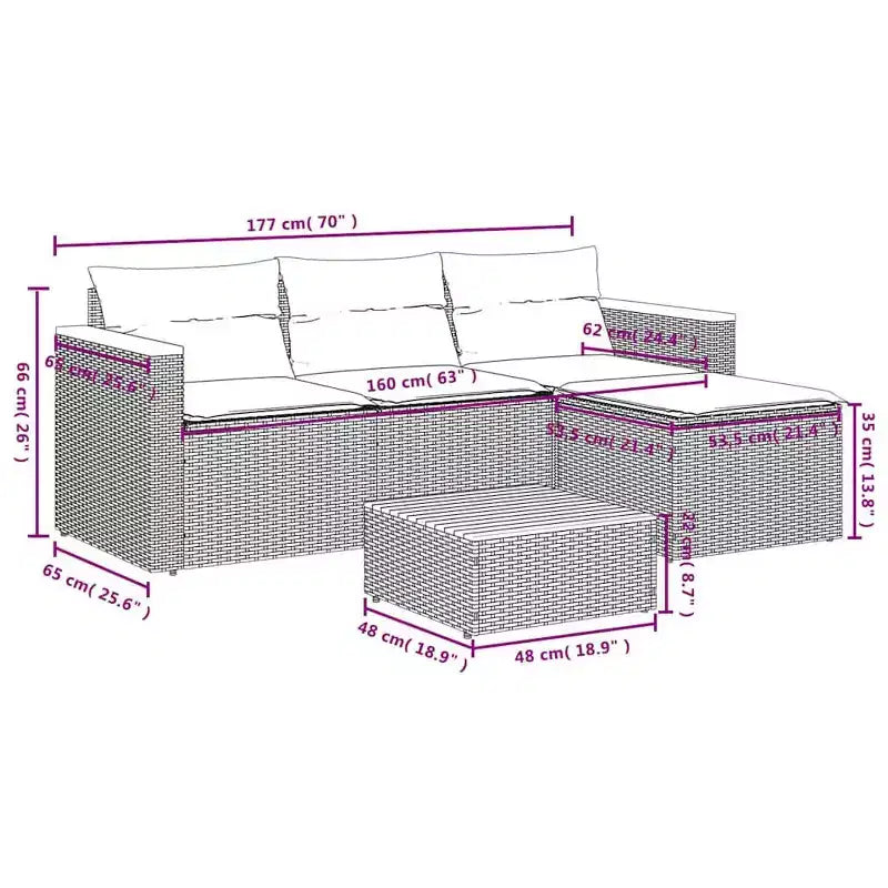 vidaXL Ensemble de canapés de jardin avec coussins, 5 pièces, rotin synthétique, acacia
