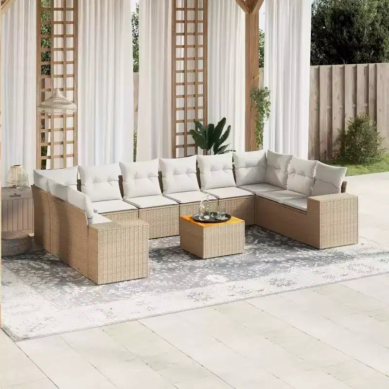 vidaXL Salon de jardin 11 pcs avec coussins résine tressée, Salon d'extérieur modulable, Table incluse