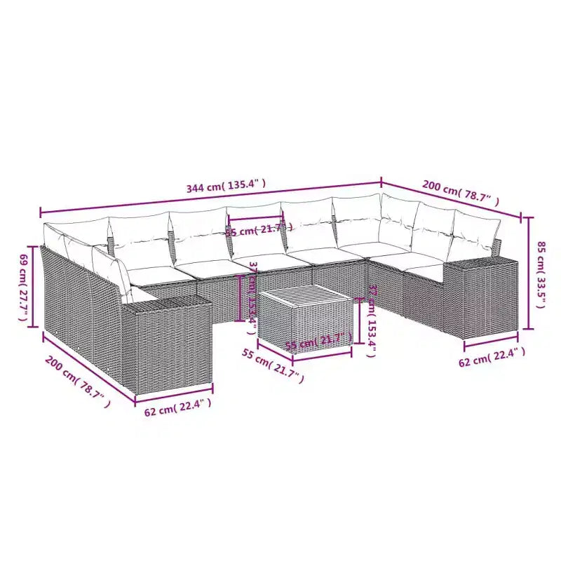 vidaXL Salon de jardin 11 pcs avec coussins résine tressée, Salon d'extérieur modulable, Table incluse
