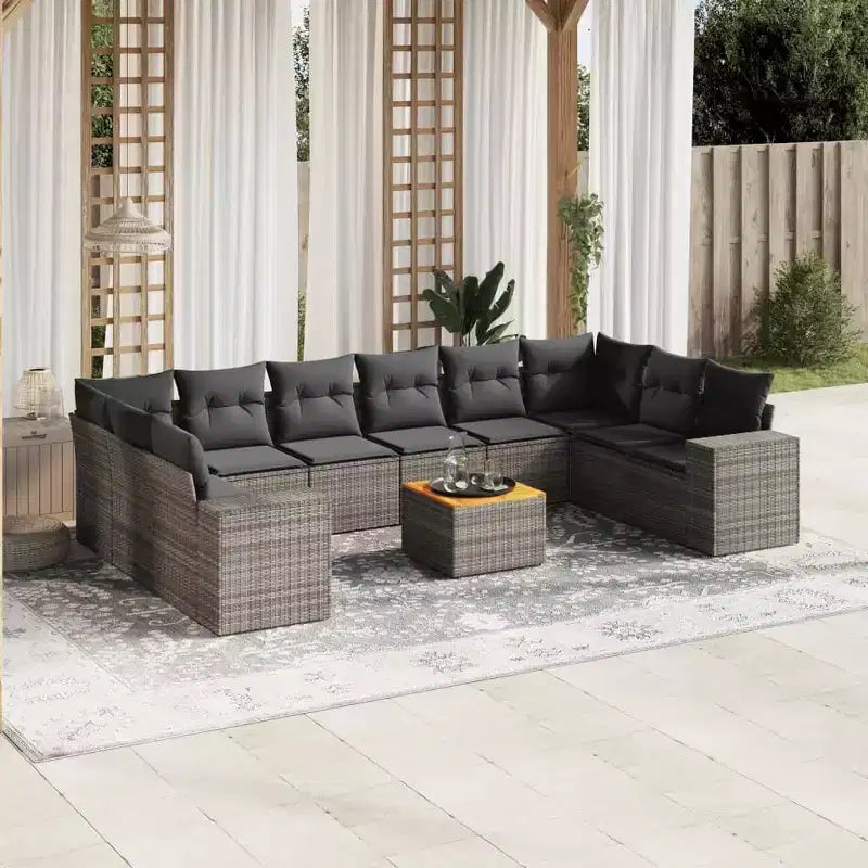 vidaXL Salon de jardin 11 pcs avec coussins résine tressée, Salon d'extérieur modulable, Table incluse