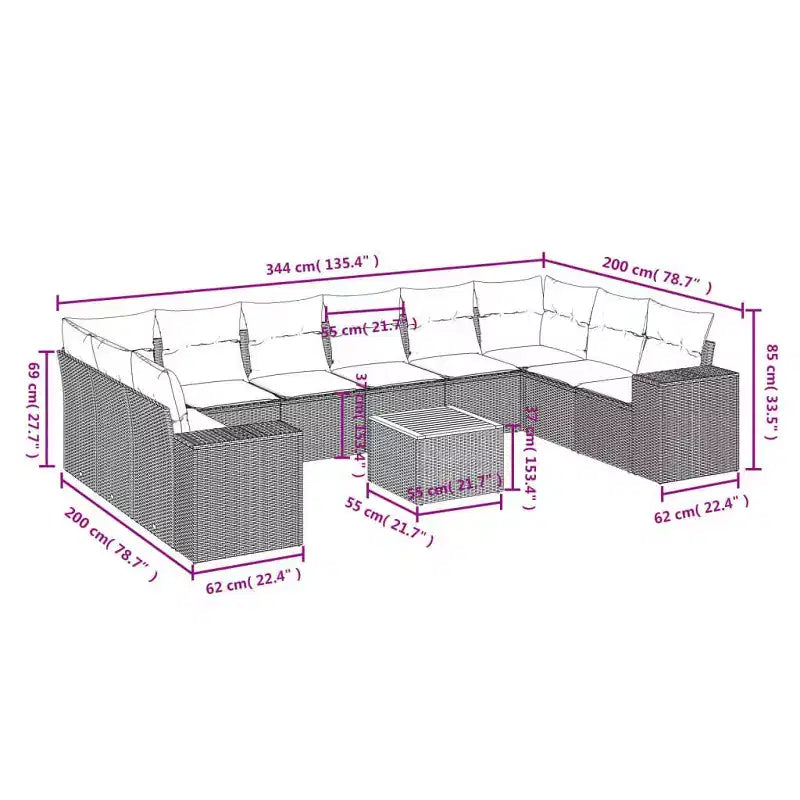 vidaXL Salon de jardin 11 pcs avec coussins résine tressée, Salon d'extérieur modulable, Table incluse