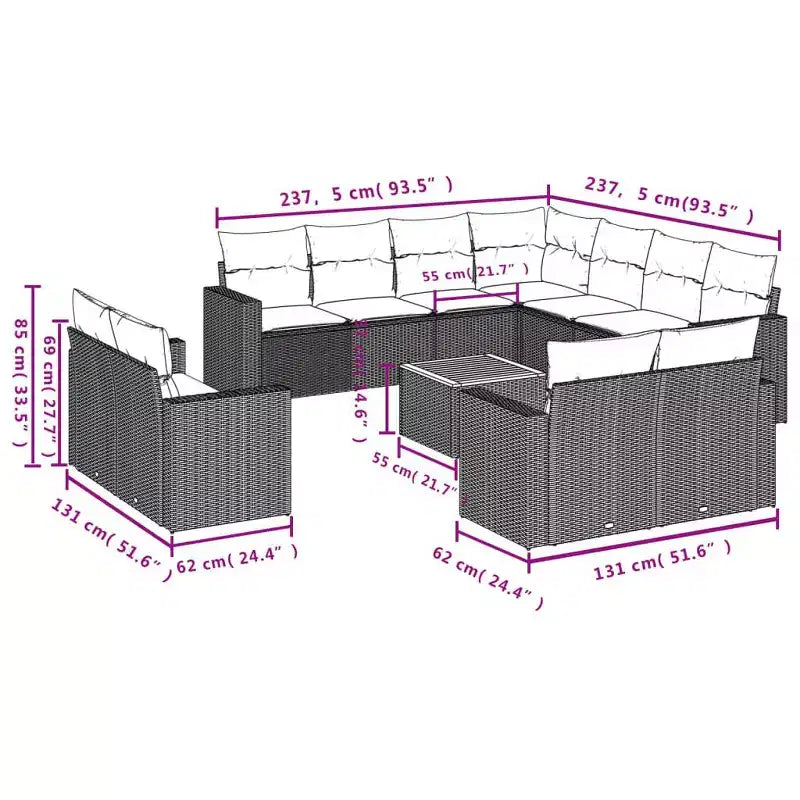 vidaXL Salon de jardin 12 pcs avec coussins Résine tressée Noir