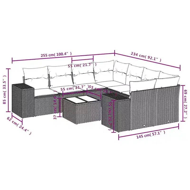 vidaXL Salon de jardin 9 pcs avec coussins résine tressée gris