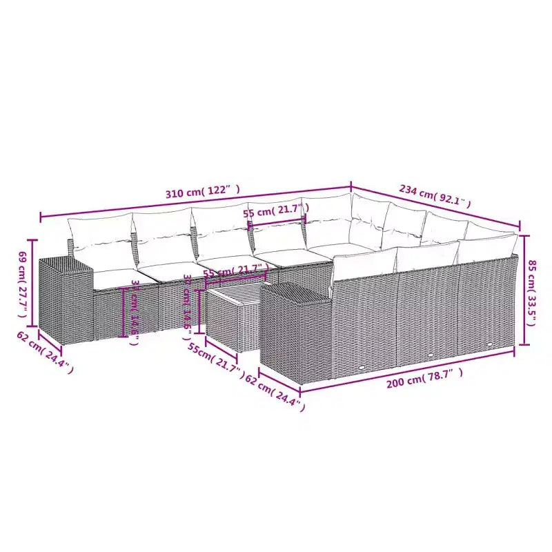 vidaXL Salon de jardin 11 pcs avec coussins résine tressée
