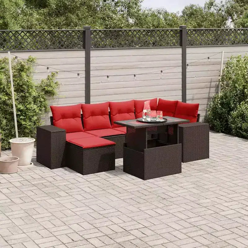 vidaXL Salon de jardin avec coussins, table et canapés, 7 pièces, en rotin synthétique