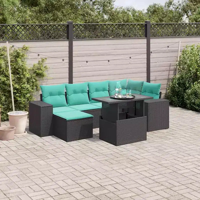vidaXL Salon de jardin avec coussins, table et canapés, 7 pièces, en rotin synthétique