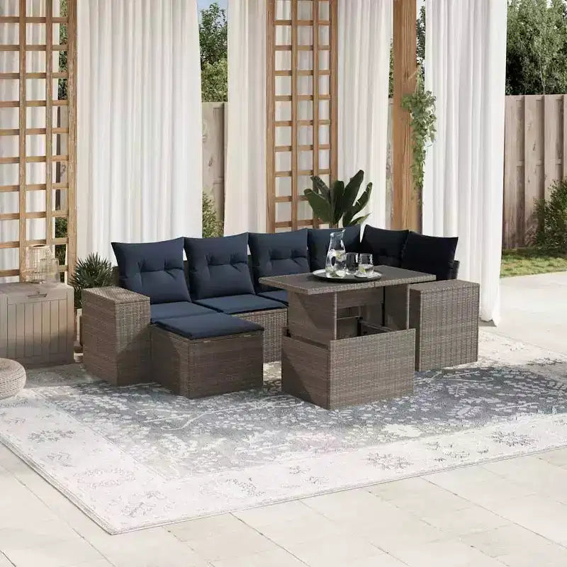 vidaXL Salon de jardin avec coussins, table et canapés, 7 pièces, en rotin synthétique
