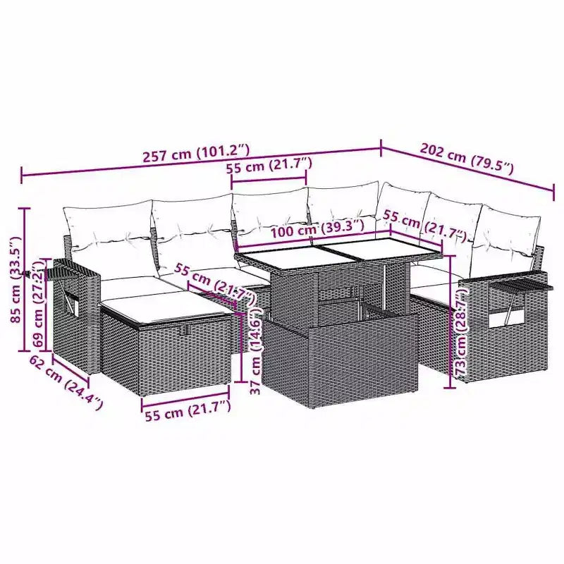 vidaXL Salon de jardin avec coussins et table d'extérieur 8 pièces en résine tressée